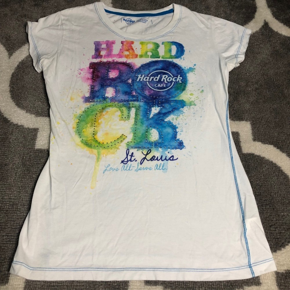 Hard Rock Cafe Tshirt Women Small White St Louis Missouri Embellished Watercolor